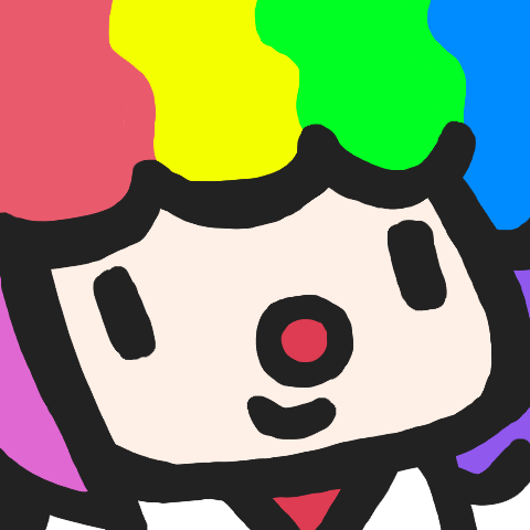 1girl bad_source black_eyes clown clown_nose flat_color hololive hololive_english lowres multicolored_hair necktie official_art rainbow_hair red_necktie shirt smile smol_ame solo transparent_background upper_body virtual_youtuber walfie watson_amelia white_shirt wig |_|