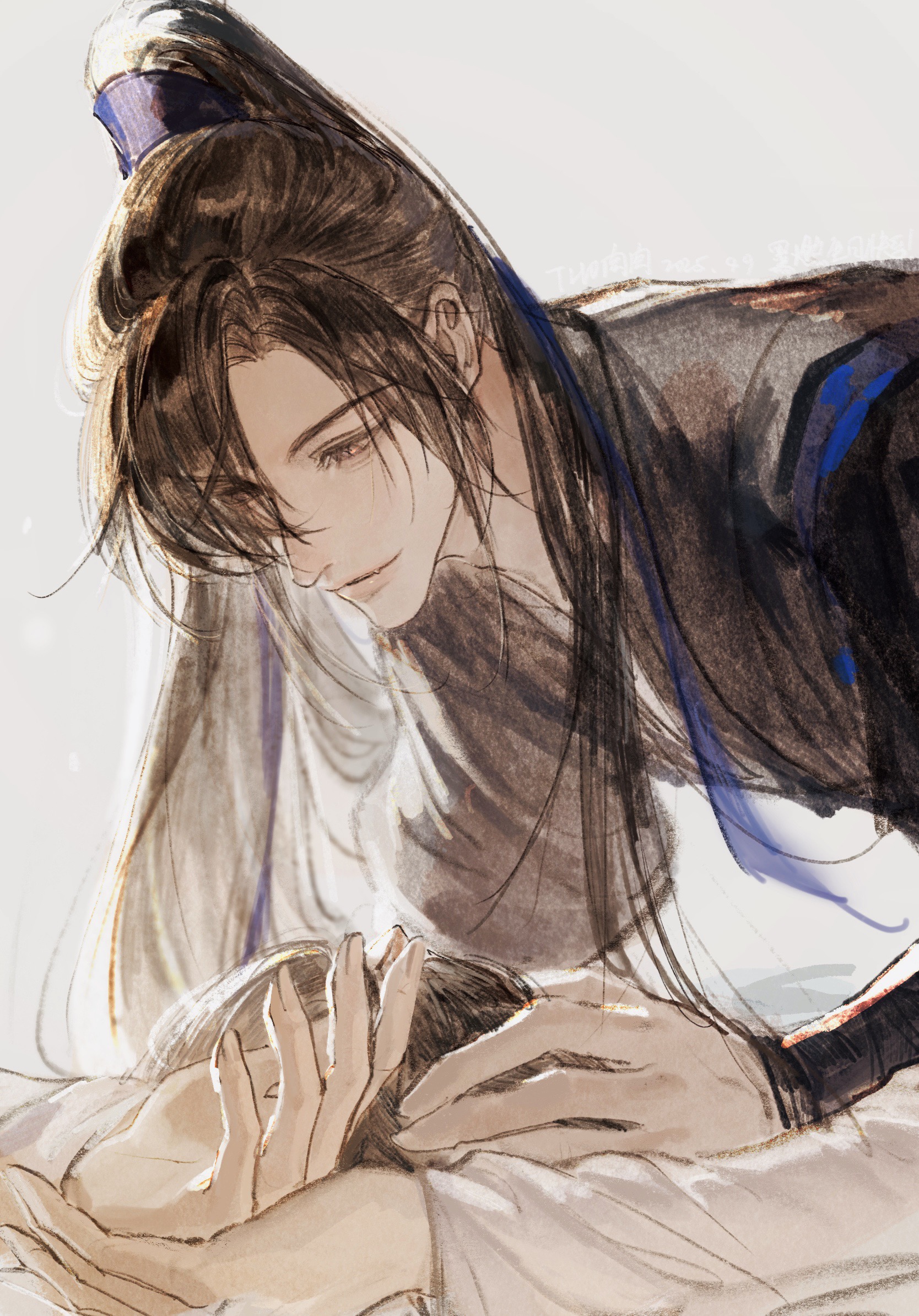 2boys black_hair black_hanfu blue_ribbon chinese_clothes chinese_commentary chu_wanning closed_mouth erha_he_tadebai_mao_shizun hair_ribbon hand_on_another's_head hanfu high_ponytail highres long_hair long_sleeves looking_at_another looking_down lying male_focus mo_ran multiple_boys on_back ponytail purple_eyes ribbon simple_background smile tianhongqwq upper_body white_background white_hanfu yaoi