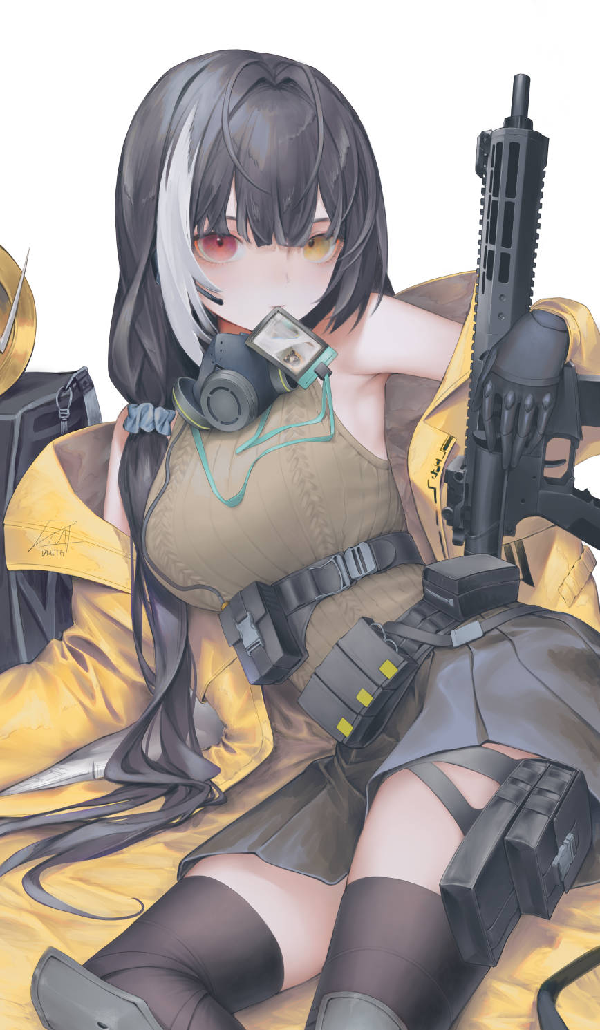 1girl black_gloves black_hair black_skirt breasts colt_9mm_smg commentary dmith english_commentary feet_out_of_frame girls&#039;_frontline gloves gun heterochromia highres holding holding_gun holding_weapon id_card in_mouth jacket knee_pads lanyard long_hair looking_at_viewer lying mask mask_around_neck mod3_(girls&#039;_frontline) multicolored_hair open_clothes open_jacket pleated_skirt red_eyes ro635_(girls&#039;_frontline) ro635_(mod3)_(girls&#039;_frontline) skirt solo streaked_hair submachine_gun weapon white_background white_hair yellow_eyes yellow_jacket
