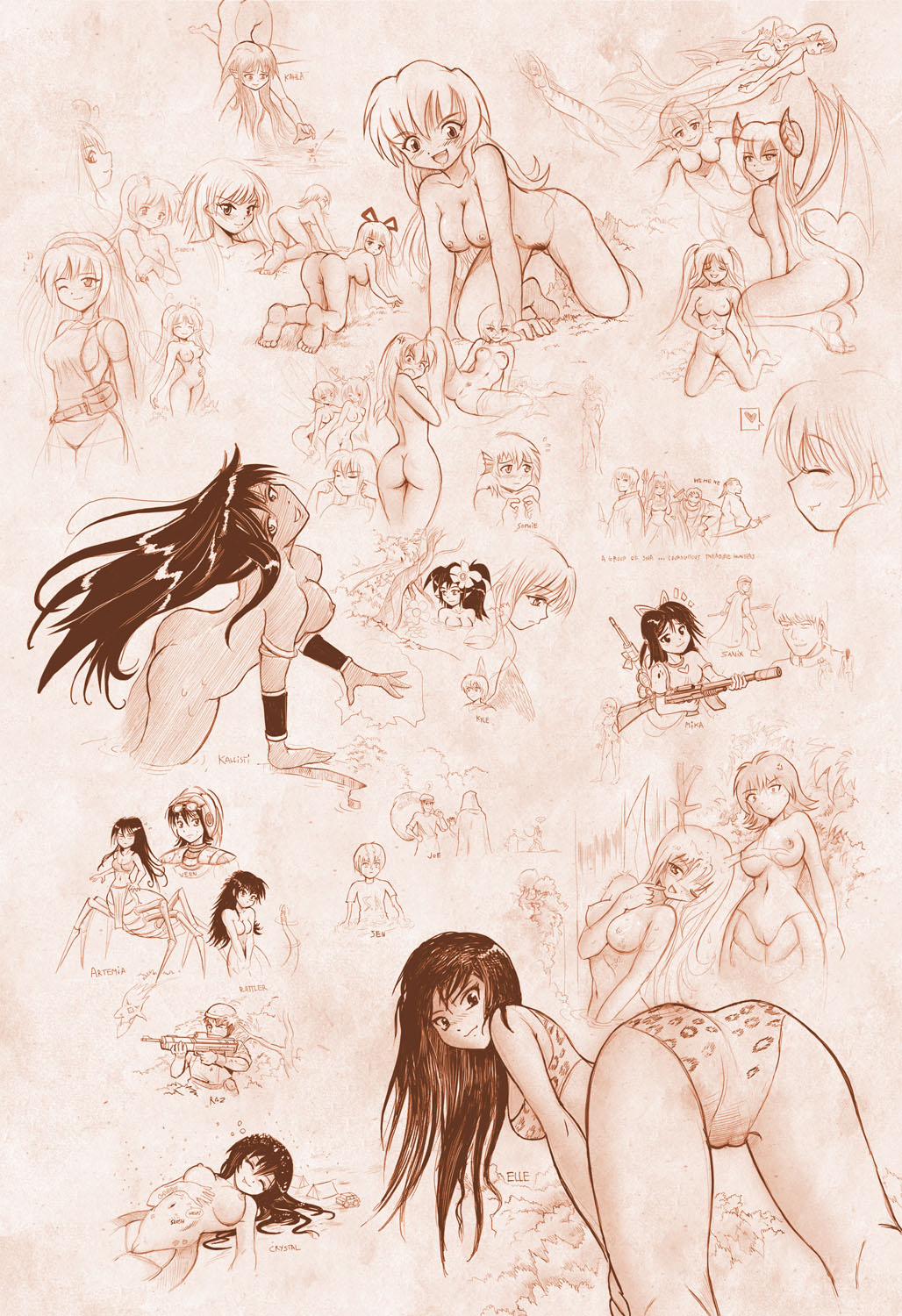 6+girls anna_(karbo) ass demon_girl felarya giant giantess highres karbo lamia melany_(karbo) mermaid monster_girl multiple_girls nipples nude pussy