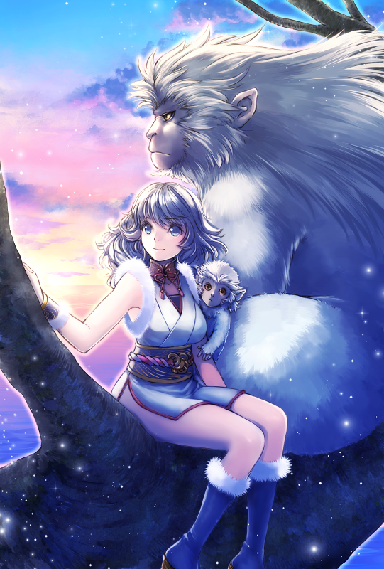 1girl 2016 animal baby blue_eyes boots breasts chinese_zodiac fur-trimmed_boots fur-trimmed_kimono fur_trim gradient_sky grey_hair hand_up in_tree japanese_clothes japanese_macaque kimono long_sleeves looking_ahead looking_at_viewer looking_to_the_side medium_hair monkey nature nengajou new_year obi ocean original outdoors oversized_animal sash short_kimono side_slit sitting sky sleeveless sleeveless_kimono snowing soujirou sunrise tree twilight white_kimono year_of_the_monkey yellow_eyes