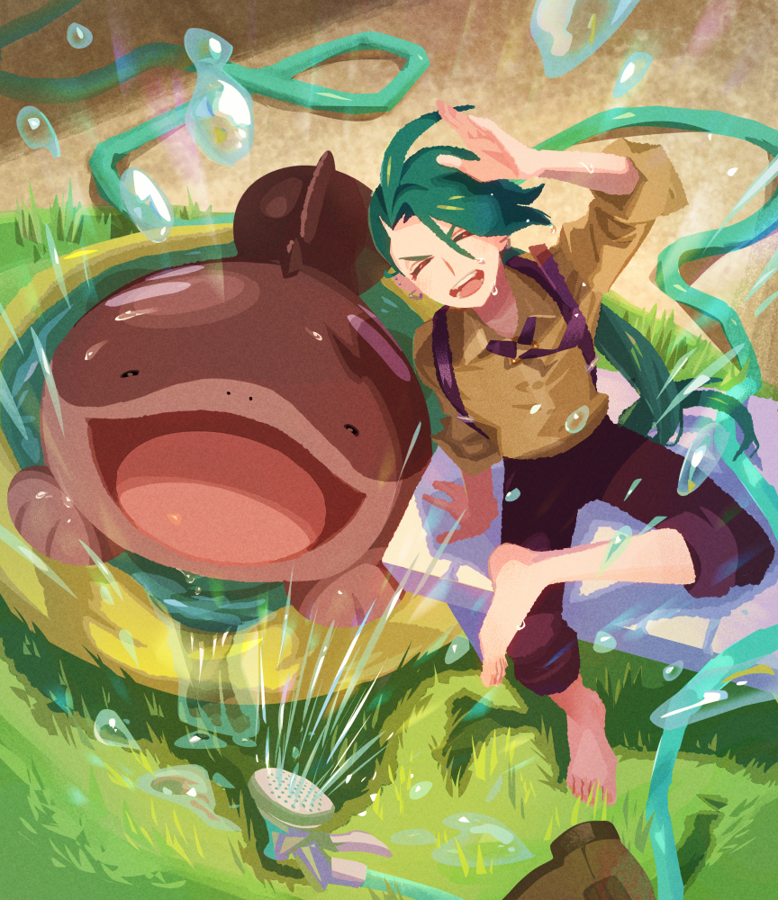1girl :d arm_up barefoot clodsire closed_eyes collared_shirt commentary_request day grass green_hair hose logi_bunbukucha long_hair nintendo open_mouth outdoors pants pants_rolled_up pokemon pokemon_(creature) pokemon_sv ponytail rika_(pokemon) shirt sitting smile suspenders teeth toes tongue water water_drop
