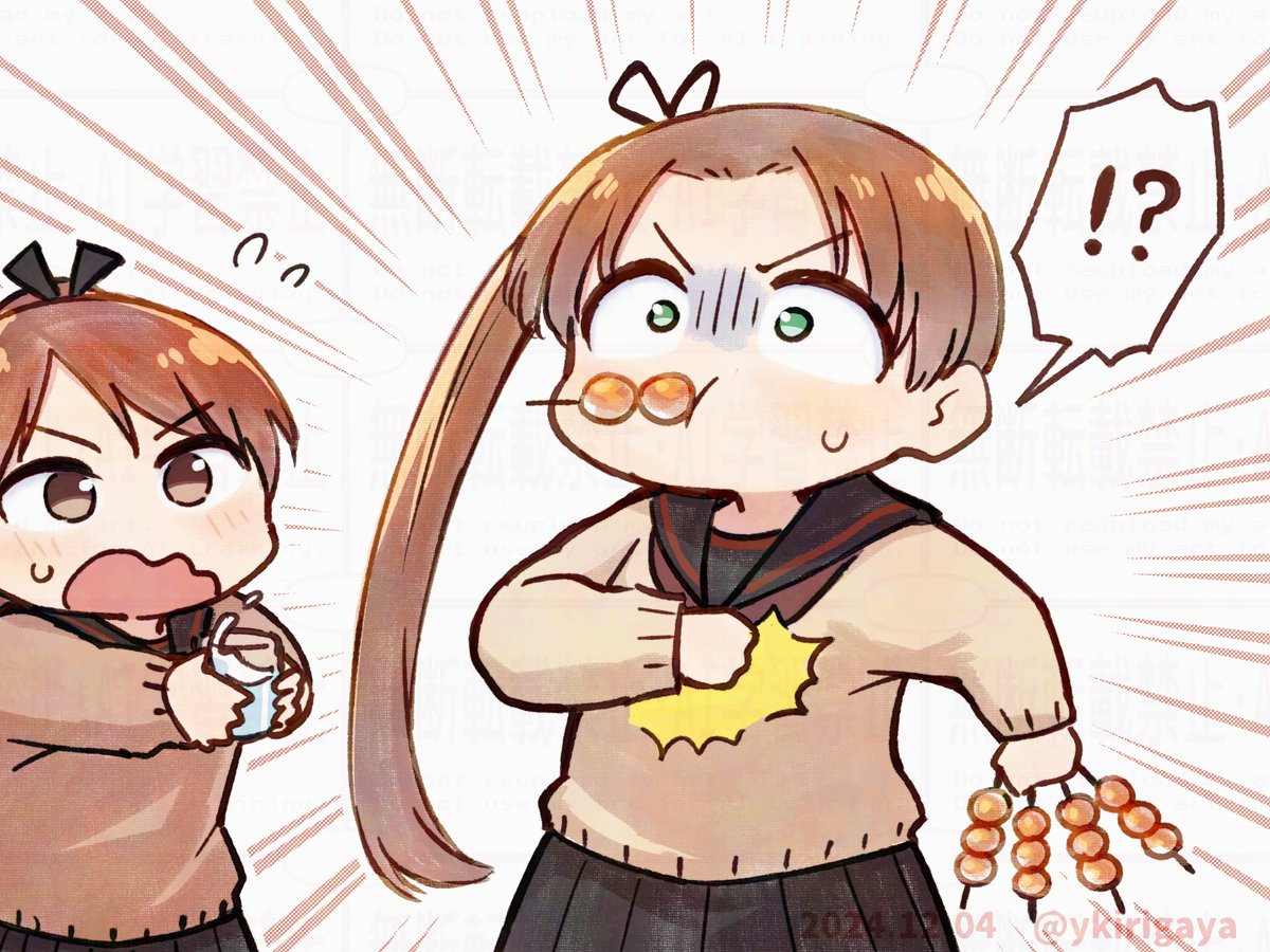 !? 2girls asphyxiation ayanami_(kancolle) ayanami_kai_ni_(kancolle) black_ribbon black_sailor_collar blush brown_eyes brown_hair chibi choking_on_object commentary_request cup dango flying_sweatdrops food food_in_mouth green_eyes hair_ribbon hand_on_own_chest holding holding_cup kantai_collection kirigaya_yuuji long_hair long_sleeves mitarashi_dango multiple_girls open_mouth pleated_skirt ponytail ribbon sailor_collar school_uniform shikinami_(kancolle) shikinami_kai_ni_(kancolle) simple_background skirt sweat wagashi wavy_mouth