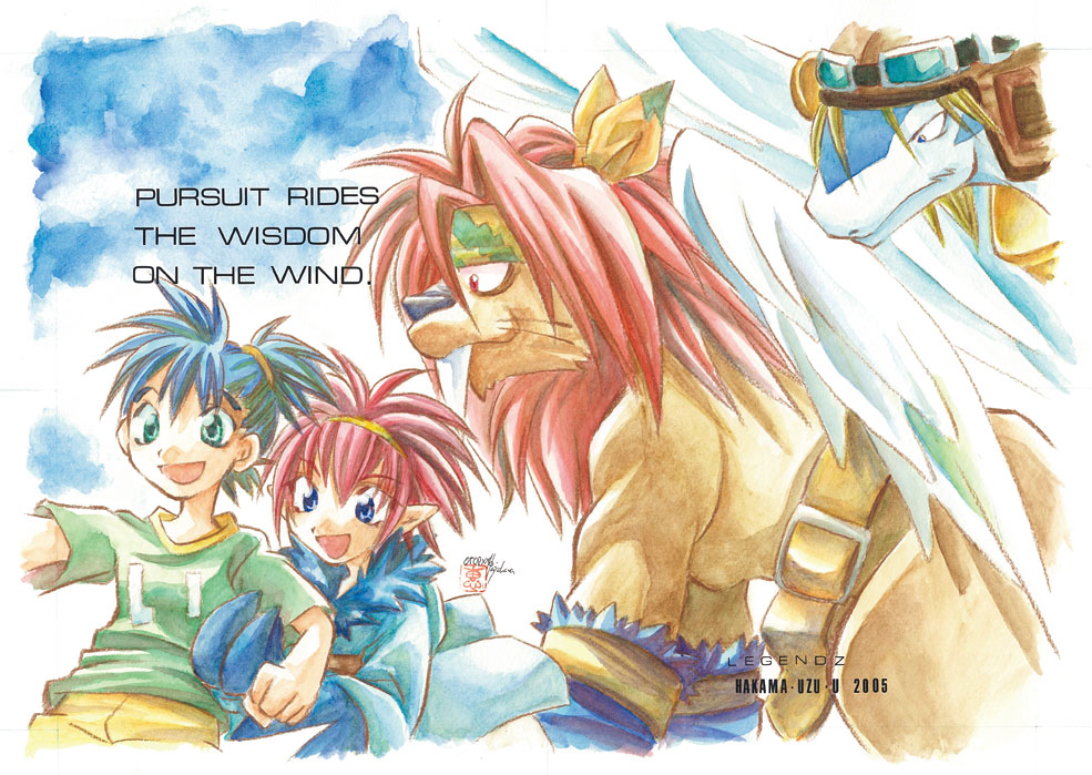 anna_(legendz) bandana dragon fangs goggles goggles_on_head harpy_(legendz) legendz legendz_(creature) leon_(legendz) manticore manticore_(legendz) pointy_ears shiron_(legendz) short_hair shuzo_matsutani whiskers wings