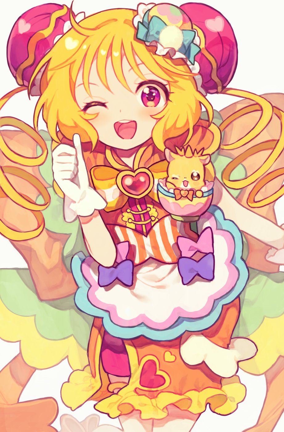 1girl back_bow blonde_hair bow brooch bun_cover china_dress chinese_clothes collared_dress cowboy_shot cure_yum-yum delicious_party_precure dress eyelashes flat_chest frilled_gloves frills gloves hanamichi_ran hand_up heart heart_brooch highres jewelry kannagi6 long_hair magical_girl mandarin_collar mem-mem_(precure) one_eye_closed open_mouth orange_bow orange_dress pink_hair precure simple_background sleeveless sleeveless_dress smile solo standing strapless strapless_dress striped_bow tareme teeth thumbs_up tube_dress twintails upper_teeth_only white_background white_gloves