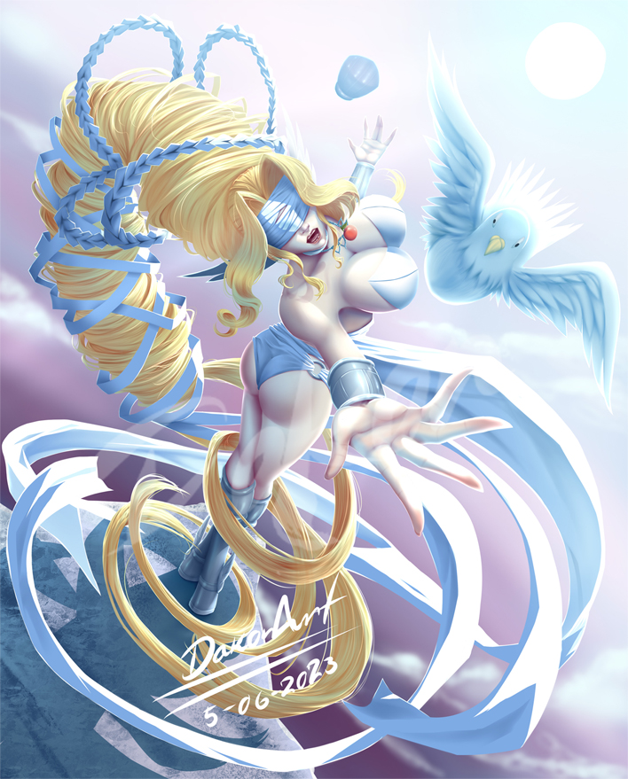 armor ass bird blindfold breasts digimon digimon_(creature) dove hotan_(digimon) large_breasts long_hair olive_(digimon) olympos_xii scallop venusmon