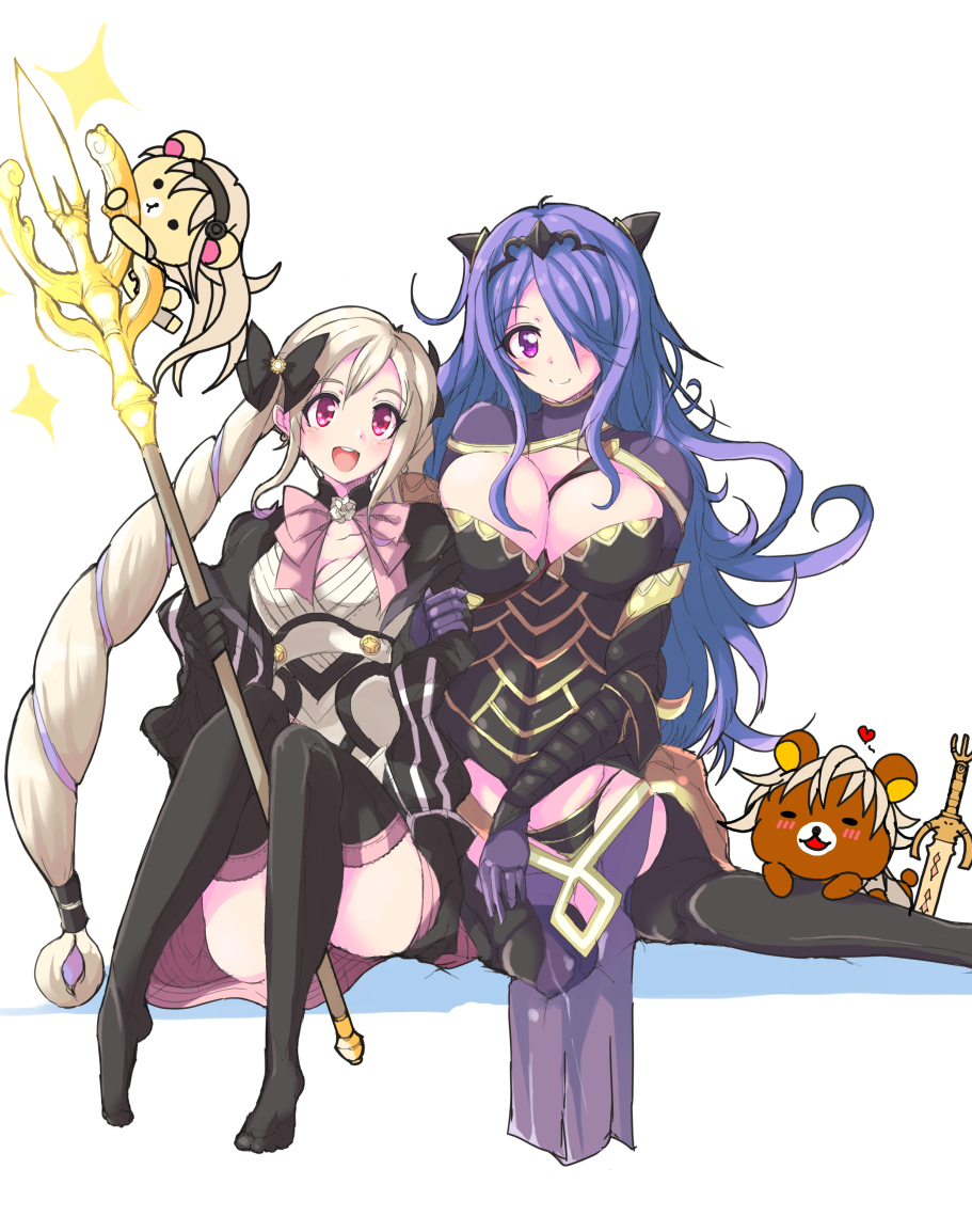 2girls bear camilla_(fire_emblem) male_corrin_(fire_emblem) echizen_(hvcv) elise_(fire_emblem) fire_emblem fire_emblem_fates multiple_girls nintendo sitting staff