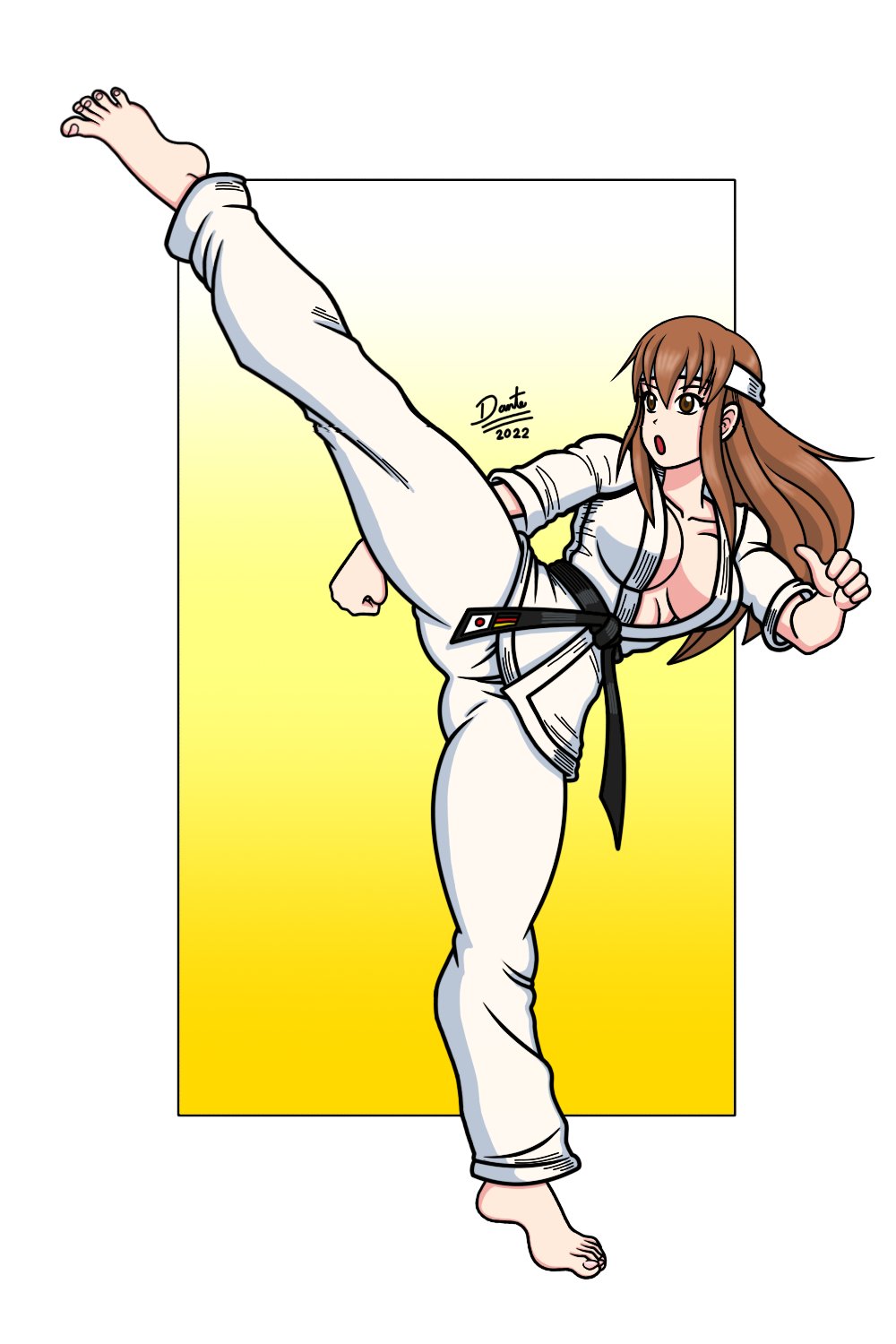 barefoot belt black_belt breasts brown_eyes brown_hair cleavage dead_or_alive dougi german_flag headband high_kick highres hitomi_(doa) japanese_flag karate_gi kicking large_breasts long_hair open_mouth sidelocks white_headband wolfdog19862010