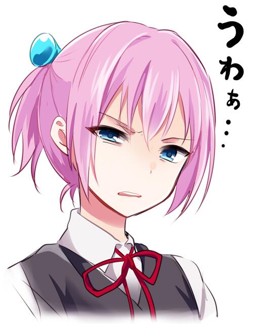 10s 1girl blue_eyes commentary female_focus hair_ornament ica kantai_collection looking_at_viewer neck_ribbon personification pink_hair ponytail red_ribbon ribbon school_uniform shiranui_(kancolle) short_hair solo translated