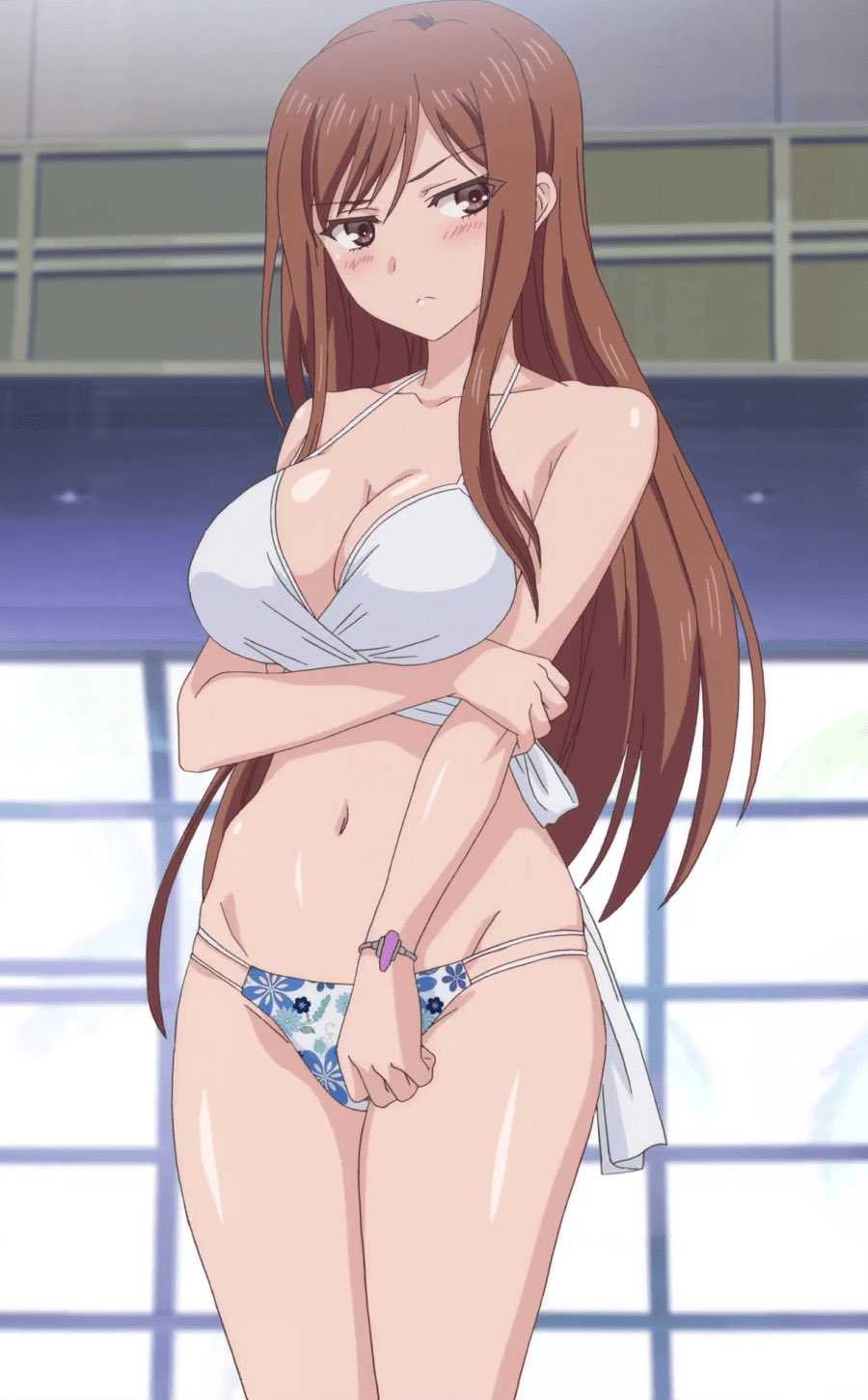 1girl anime_screenshot breasts brown_eyes brown_hair cleavage embarrassed groin highres large_breasts long_hair looking_at_viewer non-web_source overflow_(anime) shirakawa_ayane simple_background solo standing