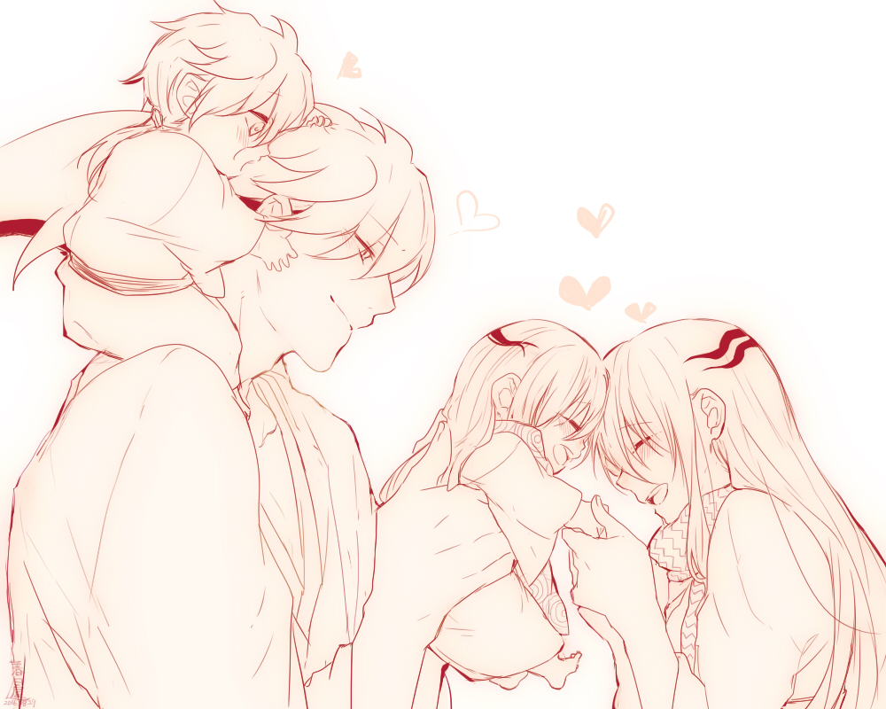 2boys 2girls bad_id bad_pixiv_id barefoot blush child closed_eyes closed_mouth eyes_visible_through_hair family father_and_daughter father_and_son grabbing_another&#039;s_hair hair_between_eyes hair_ornament hairclip holding holding_own_arm holding_person if_they_mated japanese_clothes kasugaya_yuki kimono long_hair long_sleeves monochrome mother_and_daughter mother_and_son multicolored_hair multiple_boys multiple_girls nura_rikuo nurarihyon_no_mago oikawa_tsurara open_mouth patterned patterned_hair print_scarf scarf short_hair simple_background sitting sitting_on_person smile two-tone_hair upper_body very_long_hair yuki_onna_(nurarihyon_no_mago)