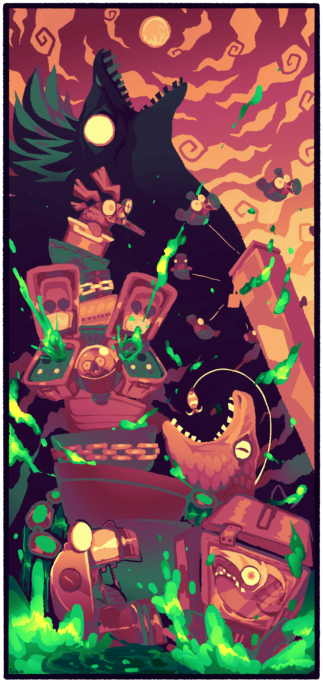 alpha_transparency animal_focus artist_name black_border blank_eyes border brown_eyes bulging_eyes cloud cohozuna_(splatoon) colored_sclera cooking_pot fish fish_stick_(splatoon) fish_hook flyfish_(splatoon) from_side full_moon gao_(kohozuna) green_hair highres looking_at_viewer maws_(splatoon) missile_pod moon mr._grizz_(splatoon) night nintendo no_humans open_mouth orange_eyes orange_hair outdoors profile red_sky salmon_run_(splatoon) scrapper_(splatoon) short_hair signature sky slime_(substance) slit_pupils smallfry_(splatoon) splatoon_(series) splatoon_3 steel_eel_(splatoon) stinger_(splatoon) straight-on teeth yellow_sclera