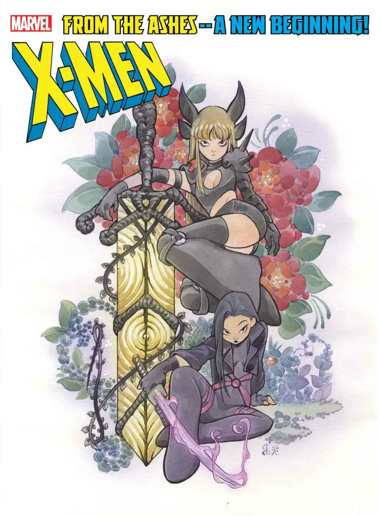 animification blonde_hair casting_spell cleavage_cutout clothing_cutout elbow_spikes flower highleg_shorts huge_weapon katana long_hair looking_at_viewer magik_(x-men) marvel official_art peach_momoko psylocke short_shorts shorts spiked_pauldrons sword weapon x-men