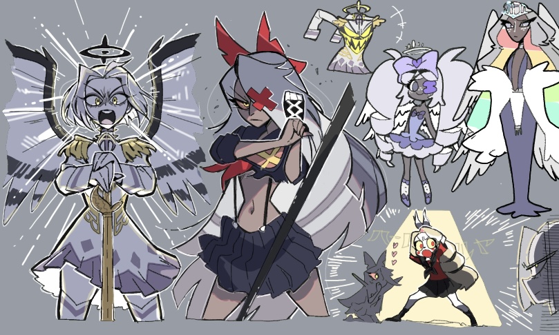 adam_(hazbin_hotel) blonde_hair charlie_morningstar colored_skin cosplay crop_top dress emily_(hazbin_hotel) epaulettes grey_hair grey_skin harime_nui harime_nui_(cosplay) hazbin_hotel kill_la_kill kiryuuin_ragyou kiryuuin_ragyou_(cosplay) kiryuuin_satsuki kiryuuin_satsuki_(cosplay) lute_(hazbin_hotel) mankanshoku_mako matoi_ryuuko matoi_ryuuko_(cosplay) multi-tied_hair school_uniform senketsu sera_(hazbin_hotel) suspenders vaggie wjpprbgy1a88720