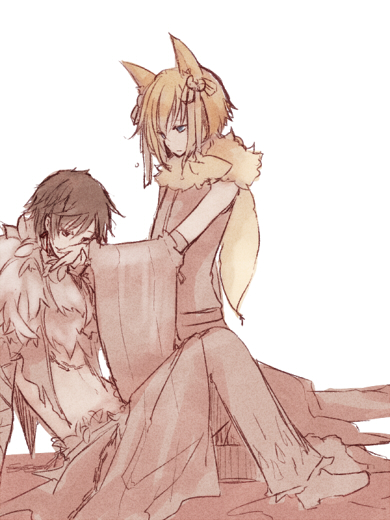 2boys animal animal_around_neck animal_ears bow brown_theme closed_mouth commentary_request detached_sleeves expressionless fox fox_boy fox_ears full_body fur_collar hair_bow kneeling looking_at_another monochrome multiple_boys pants professor_(ragnarok_online) ragnarok_online shadow_chaser_(ragnarok_online) shirt shoes short_hair simple_background sitting sleeveless sleeveless_shirt striped_sleeves wane_(ruki)
