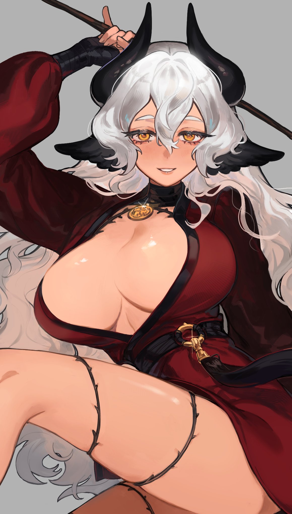 1girl arm_up black_horns breasts cleavage commission cowboy_shot dress ear_wings grey_background grin hair_between_eyes hand_up highres holding horns ing_(ing205509) large_breasts leg_up long_hair long_sleeves looking_at_viewer no_bra orange_eyes original plunging_neckline puffy_long_sleeves puffy_sleeves red_dress smile solo thigh_strap very_long_hair white_hair
