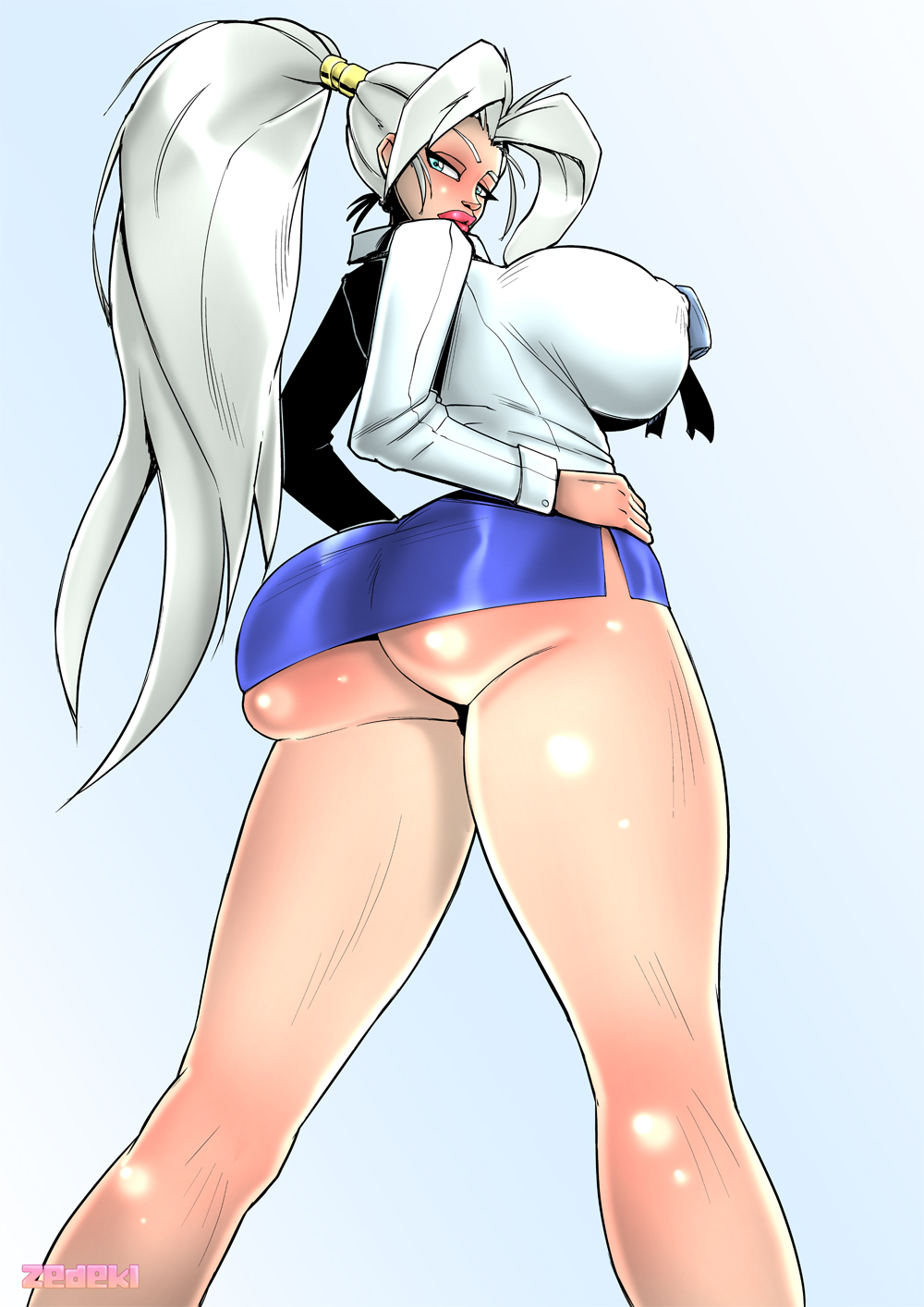 1girl artist_name ass ass_focus breasts bursting_breasts cleavage collared_shirt female_focus from_behind gensou_suikoden green_eyes hands_on_own_hips highres huge_ass huge_breasts jeane_(suikoden) legs legs_apart lips lipstick long_hair long_legs looking_at_viewer looking_back makeup microskirt miniskirt no_panties pencil_skirt ponytail purple_skirt red_lips shiny_skin shirt sideboob signature silver_eyebrows silver_hair simple_background skirt solo standing thick_lips white_background white_shirt zedeki