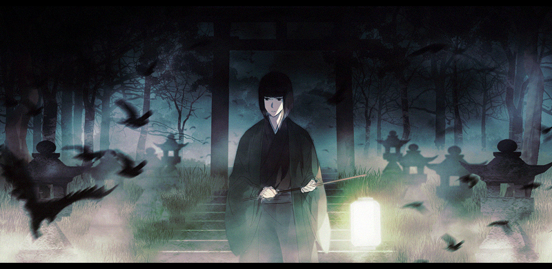 1boy bird black_hair black_kimono blunt_bangs blunt_ends crow expressionless green_haori haori holding holding_lantern japanese_clothes kimono lantern letterboxed looking_to_the_side male_focus sengoku_basara shibata_katsuie_(sengoku_basara) short_hair solo torii toruglose