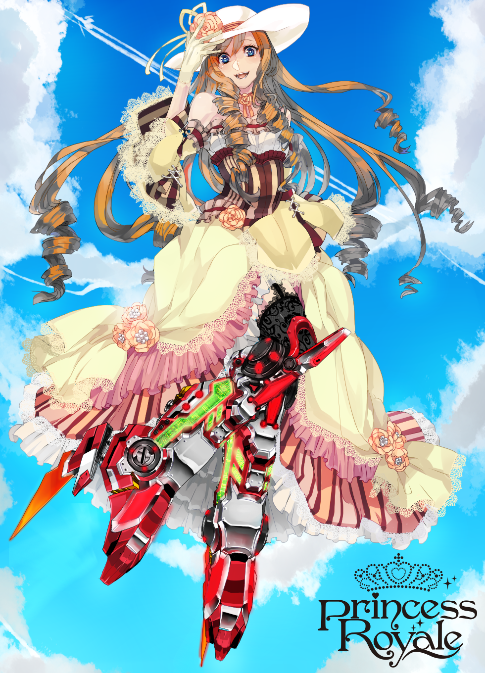 1girl akai_kutsu blue_eyes brown_hair cloud copyright_name day dress drill_hair female_focus flower garter_straps gloves hat hat_flower highres katagiri_hachigou long_hair mechanical_legs open_mouth original princess_royale sky smile solo thighhighs very_long_hair