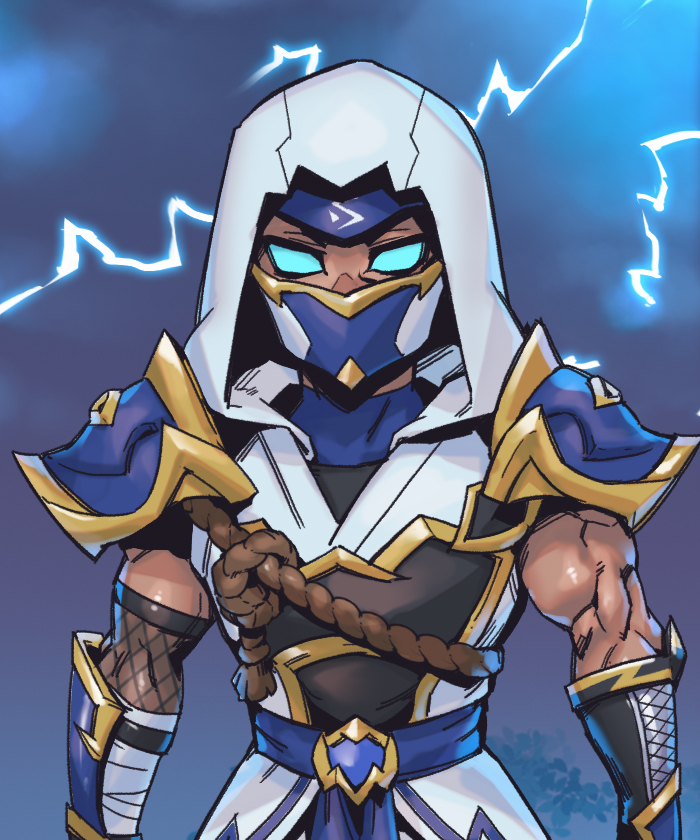 1boy armor belt blue_belt blue_mask gloves green_eyes hood hood_up league_of_legends lightning looking_at_viewer male_focus mask mouth_mask muscular muscular_male no_pupils outdoors phantom_ix_row shen_(league_of_legends) shiny_skin shockblade_shen shoulder_armor solo white_mask