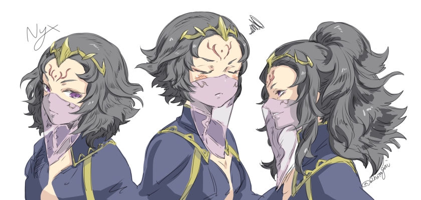 1girl alternate_hairstyle black_hair facial_mark fire_emblem fire_emblem_fates forehead_mark high_ponytail hotate_rayan medium_hair messy_hair mouth_veil multiple_views nintendo nyx_(fire_emblem) petite ponytail red_eyes tiara veil