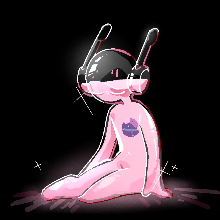 1boy black_background closed_eyes five_pebbles fleshbird glass iterator_(rain_world) liquid male_focus mass_rarefaction_cell_(rain_world) on_ground pink_liquid rain_world robot see-through_body see-through_clothes sparkle transparent