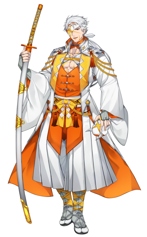 1boy collarbone eyepatch full_body gen_7_pokemon hakama japanese_clothes kartana katagiri_hachigou katana male_focus nintendo open_mouth orange_eyes personification pokemon sheath short_hair simple_background smile solo standing sword tabi tassel ultra_beast weapon white_background white_hair white_hakama wide_sleeves