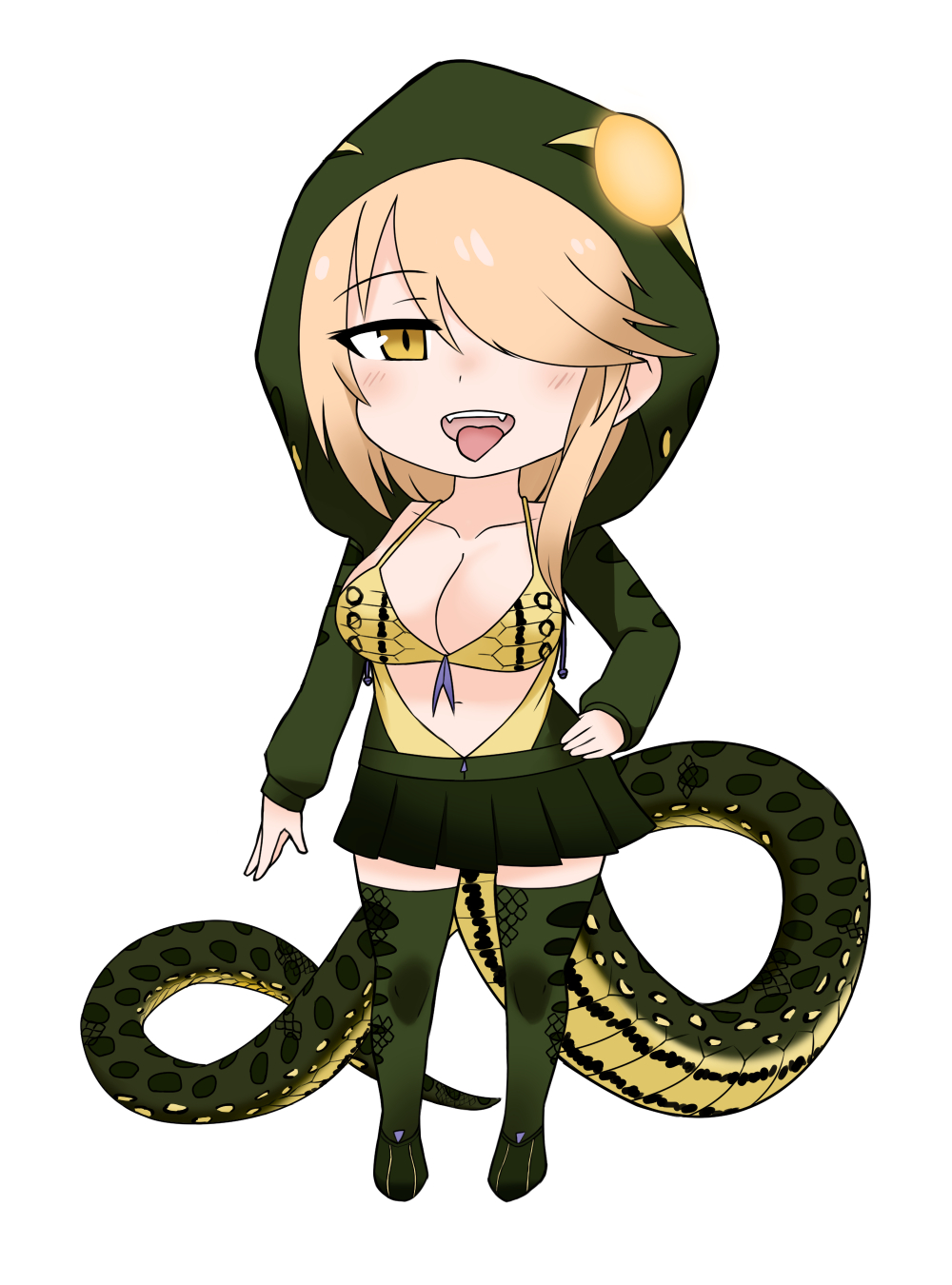 10s 1girl anaconda bikini bikini_top_only blonde_hair breasts center_opening character_request chibi cleavage collarbone commentary cowfee drawstring fangs female_focus full_body green_anaconda green_skirt green_thighhighs hair_over_one_eye hand_on_own_hip highres hood kemono_friends long_hair looking_at_viewer medium_breasts navel open_mouth otakuevangelist pleated_skirt simple_background skirt snake_tail solo swimsuit tail teeth thighhighs tongue tongue_out white_background yellow_eyes zettai_ryouiki