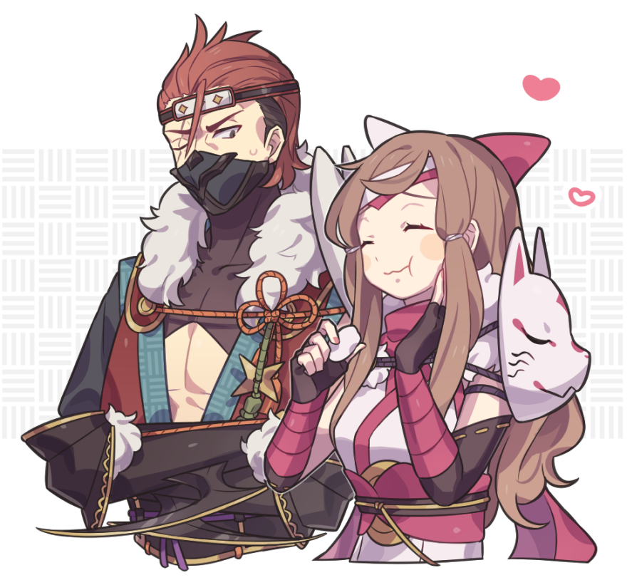 1boy 1girl fire_emblem fire_emblem_fates fire_emblem_heroes fox_mask haconeri hana_(fire_emblem) hana_(ninja)_(fire_emblem) headband heart mask mouth_mask ninja_mask nintendo official_alternate_costume red_hair saizo_(fire_emblem) saizo_(ninja)_(fire_emblem) unworn_mask