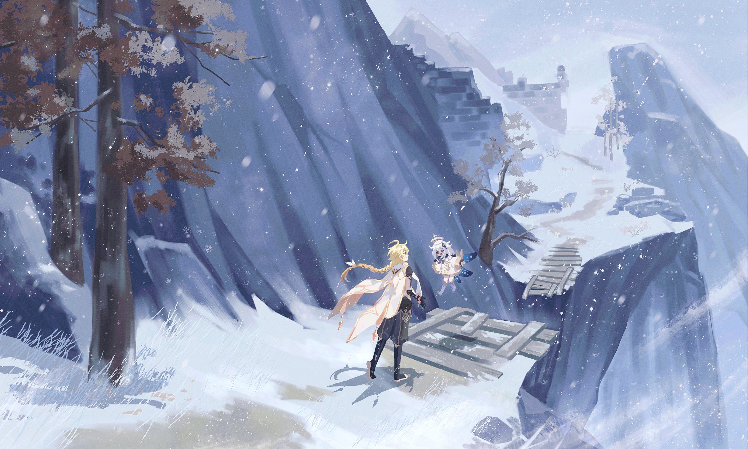 1boy 1girl aether_(genshin_impact) black_boots blonde_hair boots braid brown_pants genshin_impact halo highres long_hair march_rly medium_hair mountain paimon_(genshin_impact) pants romper scarf scenery single_braid snow snowing tree white_boots white_hair white_romper white_scarf