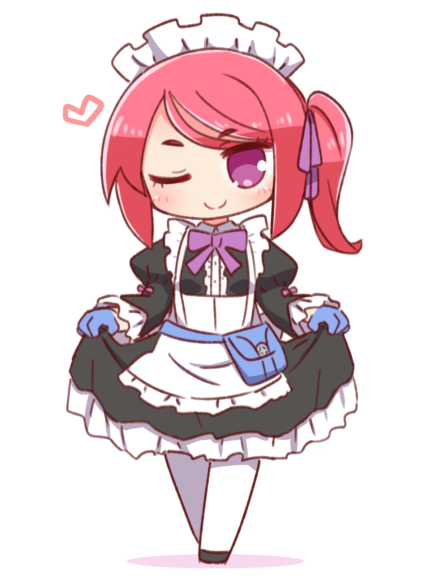 1girl 7th_dragon_(series) 7th_dragon_iii ;) apron black_dress black_footwear blue_gloves blush bow closed_mouth collared_dress colored_shadow dress female_focus frilled_apron frilled_dress frills full_body gloves god-hand_(7th_dragon) heart highres juliet_sleeves long_sleeves looking_at_viewer maid maid_day maid_headdress naga_u one_eye_closed pantyhose puffy_sleeves purple_bow purple_eyes red_hair shadow side_ponytail skirt_hold smile solo standing swept_bangs white_apron white_background white_pantyhose