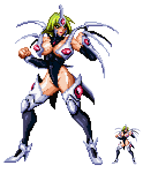 armor asahina_suzu breasts choujin_gakuen_gowcaizer fighting_stance green_hair leotard pixel_art underboob
