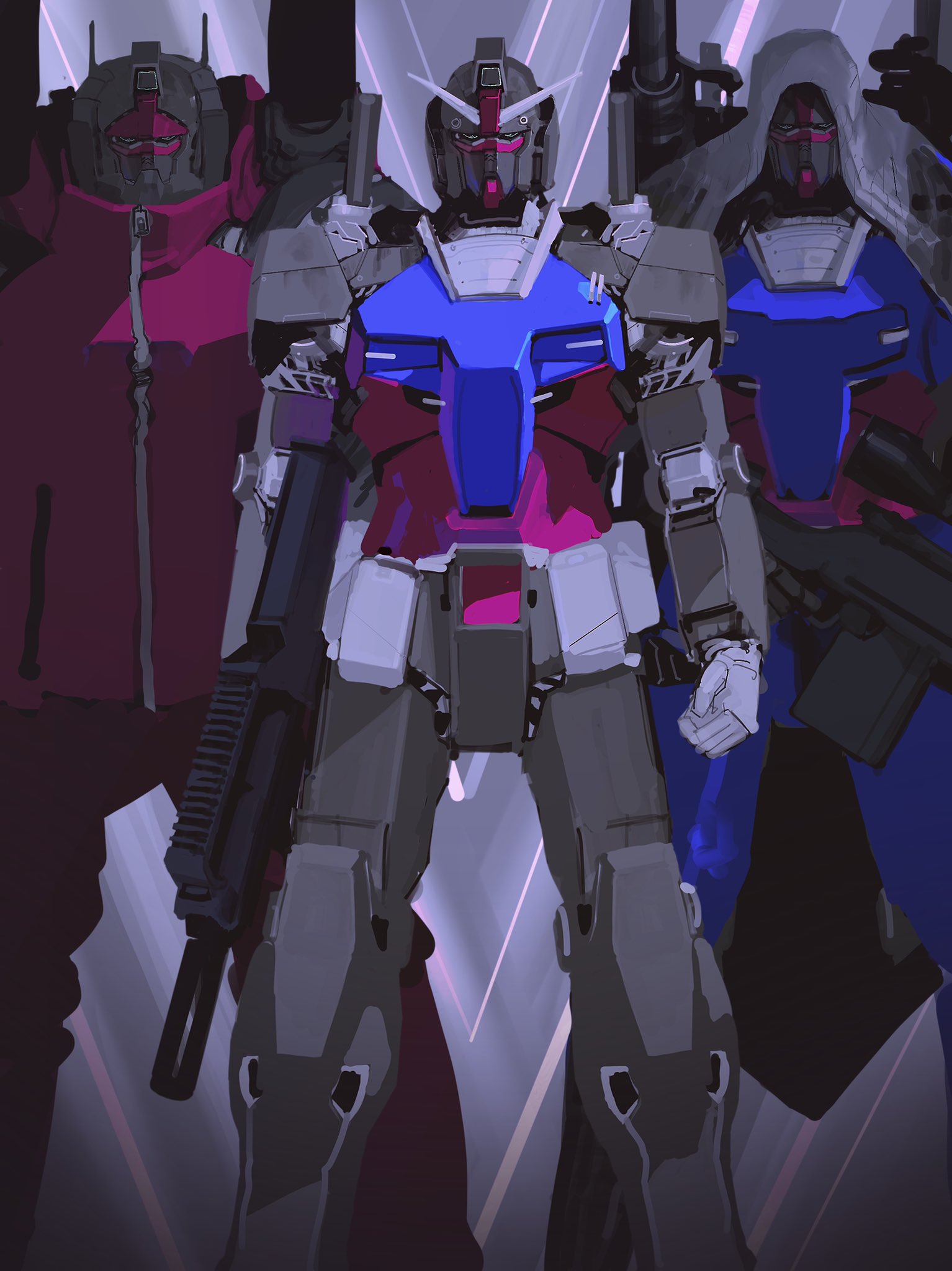 blue_eyes clothed_robot gun guncannon gundam guntank highres holding holding_gun holding_weapon hood hood_up jacket mecha mobile_suit mobile_suit_gundam no_humans red_jacket redesign rifle rintaro_komori robot rx-78-2_gundam science_fiction shoulder_cannon sniper_rifle standing v-fin weapon