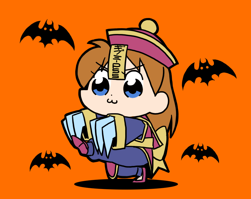 1girl :3 artist_request bat_(animal) bat_symbol blue_eyes brown_hair chinese_clothes cosplay darkstalkers full_body hat hsien-ko_(cosplay) long_hair neon_genesis_evangelion parody poptepipic solo souryuu_asuka_langley style_parody walking