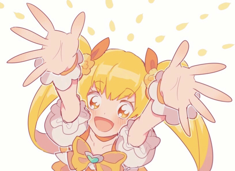 1girl arms_up blonde_hair bow bowtie brooch choker collarbone commentary_request cowboy_shot cropped_shirt cure_sunshine dot_nose eyelashes flower flower_skirt frilled_sleeves frilled_wrist_cuffs frills from_above green_brooch hair_bow hair_flower hair_ornament happy heart heart_brooch heartcatch_precure! jewelry light_blush long_hair magical_girl miniskirt myoudouin_itsuki nachuchoco notice_lines open_mouth orange_bow orange_choker orange_eyes orange_skirt orange_wrist_cuffs precure puffy_short_sleeves puffy_sleeves shirt short_sleeves simple_background skirt smile solo tareme twintails very_long_hair white_background white_shirt wide-eyed wrist_cuffs yellow_bow yellow_bowtie yellow_flower