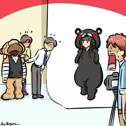 2boys 2girls animal_costume artist_name bear_costume black_hair blunt_bangs boko_(girls_und_panzer) bowing camera cosplay flying_sweatdrops girls_und_panzer girls_und_panzer_senshadou_daisakusen! jaw_drop kogane_(staygold) kumamon kumamon_(cosplay) looking_at_another lowres multiple_boys multiple_girls nishizumi_shiho signature standing straight_hair