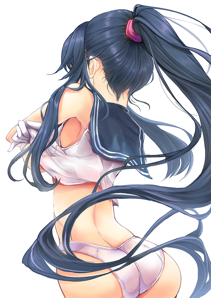 10s 1girl ass bad_anatomy black_hair breasts crop_top female_focus from_behind gloves goushou hair_over_shoulder kantai_collection large_breasts long_hair midriff panties ponytail sailor_collar school_uniform serafuku shirt sidelocks sleeveless sleeveless_shirt solo underboob underwear undressing very_long_hair white_gloves white_panties yahagi_(kancolle)