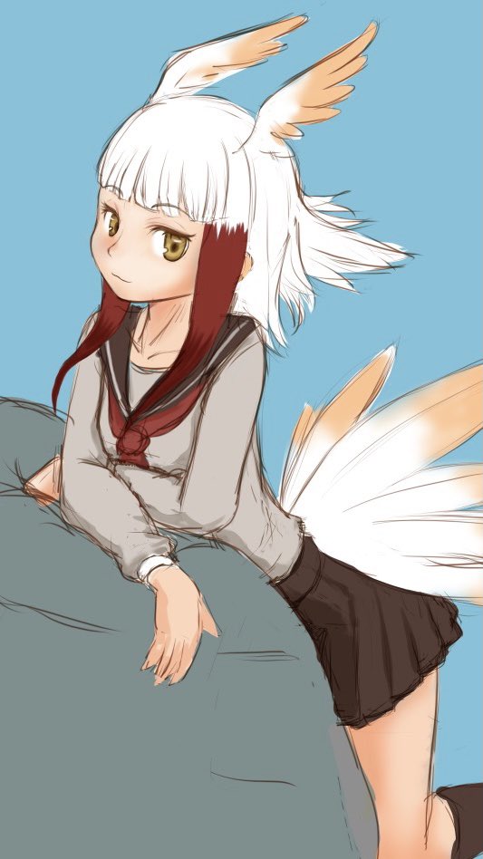 1girl alternate_costume aotsuki_tsutome bird_girl bird_tail bird_wings black_hair brown_skirt commentary_request grey_sweater head_wings japanese_crested_ibis_(kemono_friends) kemono_friends long_sleeves looking_at_viewer multicolored_hair neckerchief pleated_skirt red_hair red_neckerchief sailor_collar school_uniform serafuku short_hair sidelocks skirt solo sweater tail white_hair wings yellow_eyes