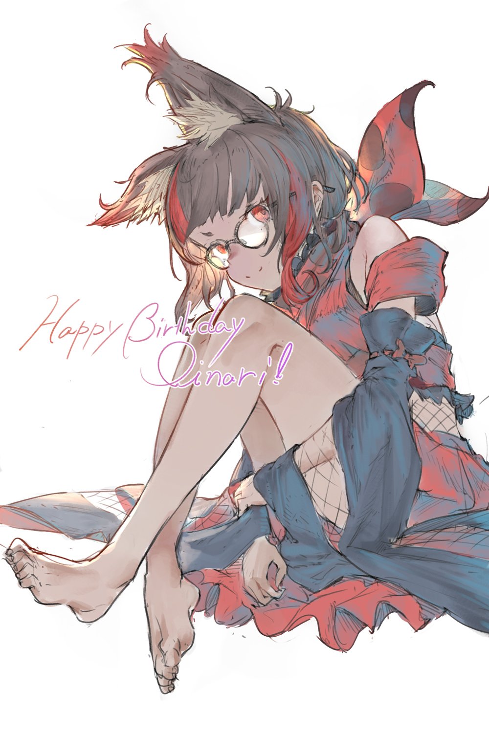 1girl animal_ear_fluff animal_ears animare bare_legs bare_shoulders barefoot blunt_bangs brown_hair detached_sleeves female_focus gigapuri glasses happy_birthday highres holding_legs inari_kuromu kuromu_channel looking_at_viewer medium_hair multicolored_hair nanashi_inc. red_eyes red_hair simple_background sitting smile solo streaked_hair virtual_youtuber white_background