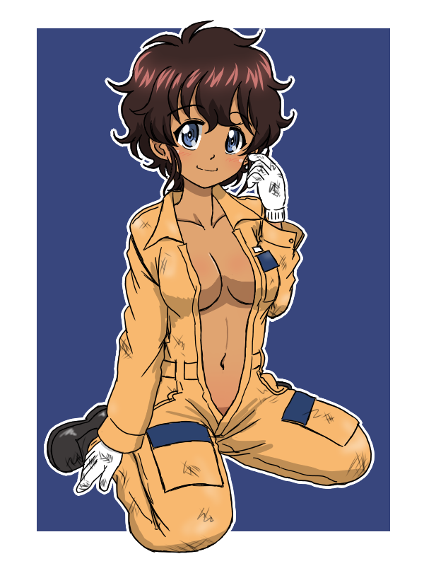 1girl black_shoes blue_background blue_eyes breasts brown_hair closed_mouth commentary dark-skinned_female dark_skin dirty dirty_clothes full_body girls_und_panzer gloves jumpsuit looking_at_viewer medium_breasts navel no_bra orange_jumpsuit outline shoes short_hair sitting smile solo suzuki_(girls_und_panzer) takahashi_kurage unzipped wariza white_gloves white_outline