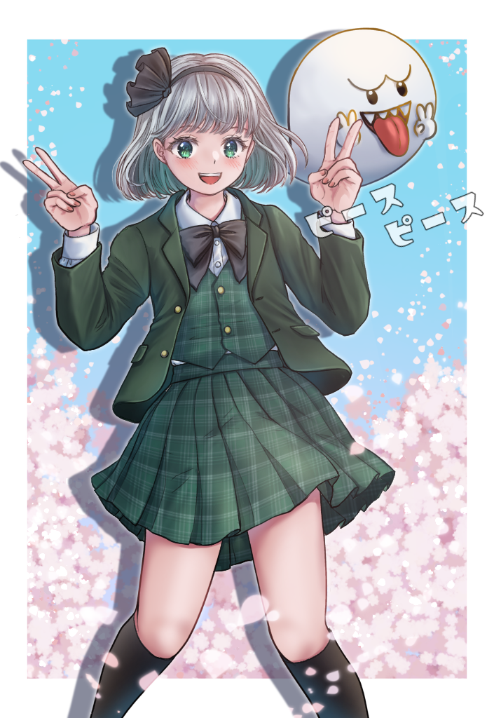 1girl alternate_costume black_bow black_bowtie black_hairband black_socks blush boo_(mario) bow bowtie collared_shirt commentary_request crossover double_v falling_petals green_jacket green_skirt green_vest grey_hair hairband hitodama jacket kneehighs konpaku_youmu konpaku_youmu_(ghost) kyabekko looking_at_viewer mario_(series) nintendo open_clothes open_jacket open_mouth petals pink_petals plaid_clothes plaid_skirt plaid_vest pleated_skirt school_uniform shadow shirt skirt skirt_set smile socks solo teeth tongue tongue_out touhou translation_request upper_teeth_only v vest white_shirt youmu_day