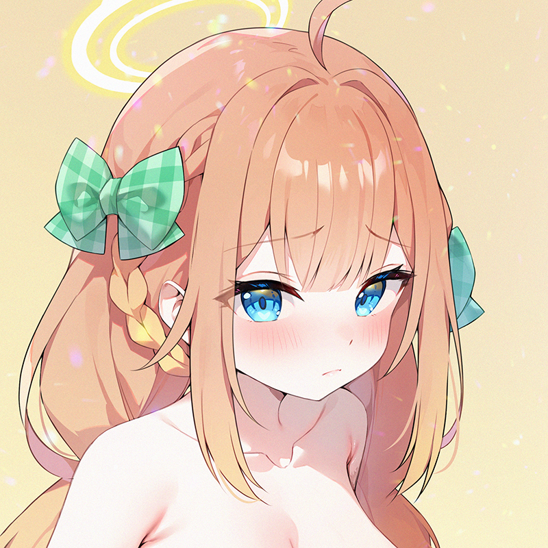 1girl antenna_hair ayamy bare_shoulders blue_archive blue_eyes blush bow braid breasts collarbone dot_nose eyelashes frown gingham gingham_bow green_bow hair_bow halo implied_nudity large_breasts long_hair looking_at_viewer multiple_hair_bows no_eyewear orange_background orange_hair pout shade shimiko_(blue_archive) side_braid sidelocks single_braid solo tareme topless_female yellow_halo