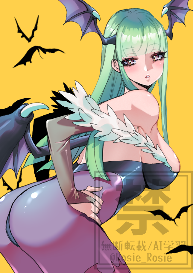 1girl artist_name ass bare_shoulders bat_(animal) black_leotard breasts cleavage commentary_request cowboy_shot darkstalkers demon_girl demon_wings from_side green_hair head_wings large_breasts leotard long_hair looking_at_viewer morrigan_aensland multiple_wings pantyhose purple_pantyhose rosie_rosie solo twitter_username watermark wings