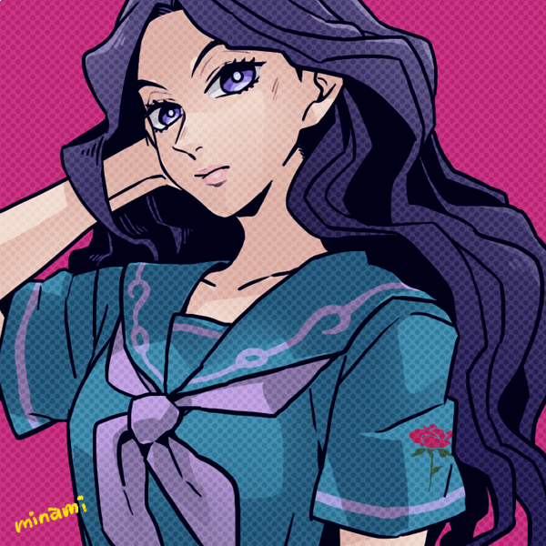 1girl blue_shirt bright_pupils closed_mouth collarbone diamond_wa_kudakenai dramatica eyelashes jojo_no_kimyou_na_bouken long_hair looking_at_viewer neckerchief pink_background purple_eyes purple_hair purple_neckerchief school_uniform shirt signature solo upper_body white_pupils yamagishi_yukako