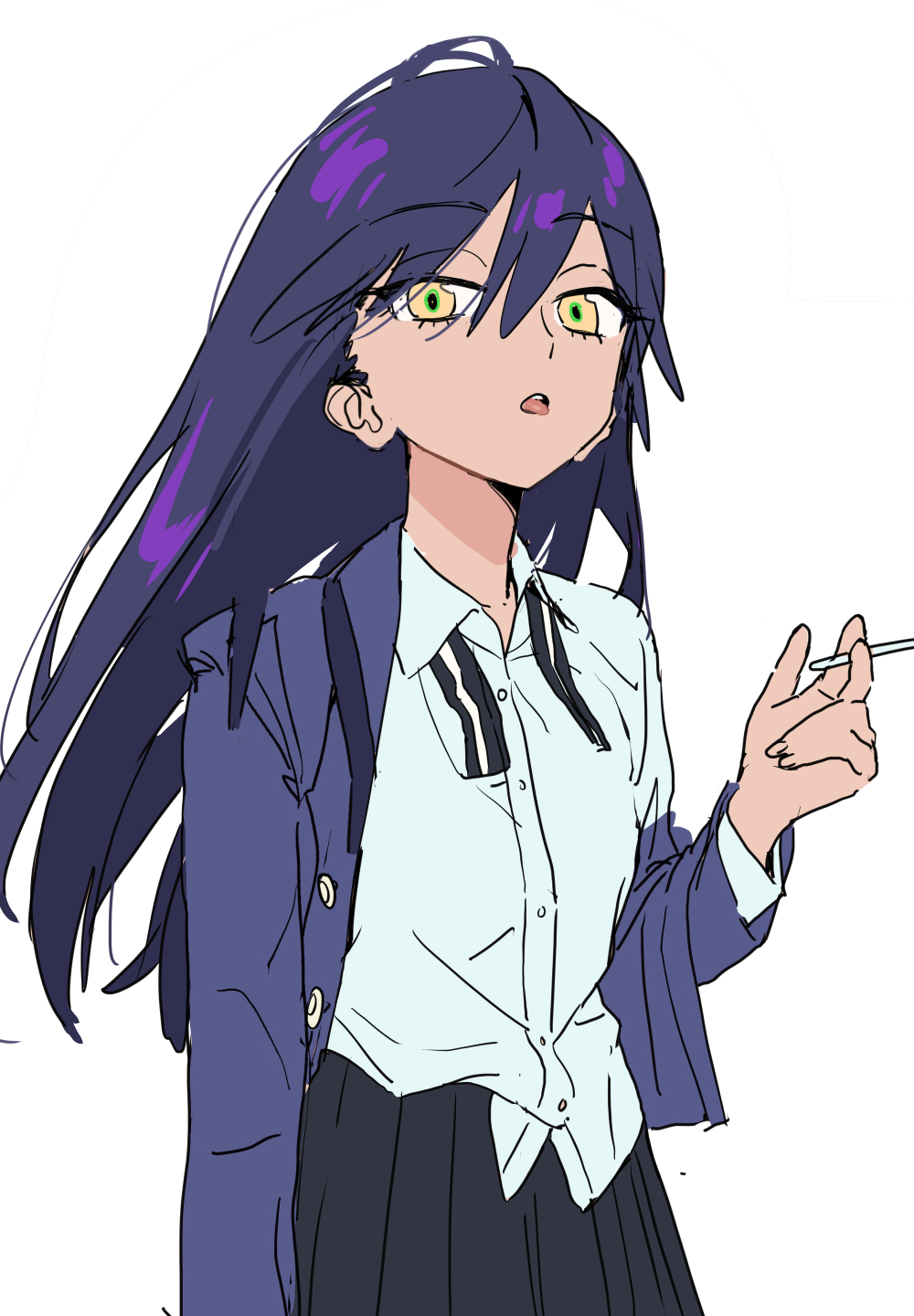 1girl :o black_skirt blue_jacket collared_shirt green_eyes gundam gundam_gquuuuuux hair_between_eyes hand_up highres jacket long_hair long_sleeves nyaan_(gundam_gquuuuuux) open_clothes open_jacket open_mouth parted_lips pleated_skirt purple_hair school_uniform shirt simple_background skirt solo some1else45 white_background white_shirt