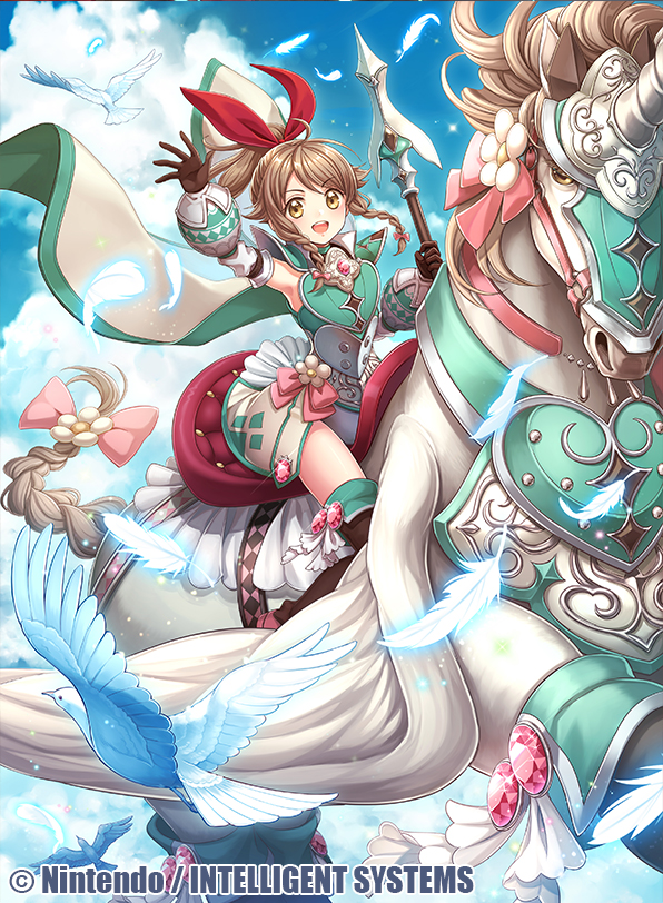1girl armor bird bow braid brown_hair cloud emma_(fire_emblem) feathers fire_emblem fire_emblem_cipher fire_emblem_echoes:_shadows_of_valentia flower gem gloves hasumi_fumi long_hair nintendo official_art open_mouth pegasus pegasus_knight_uniform_(fire_emblem) pegasus_wings polearm ponytail sky solo sparkle spear teeth twin_braids weapon yellow_eyes