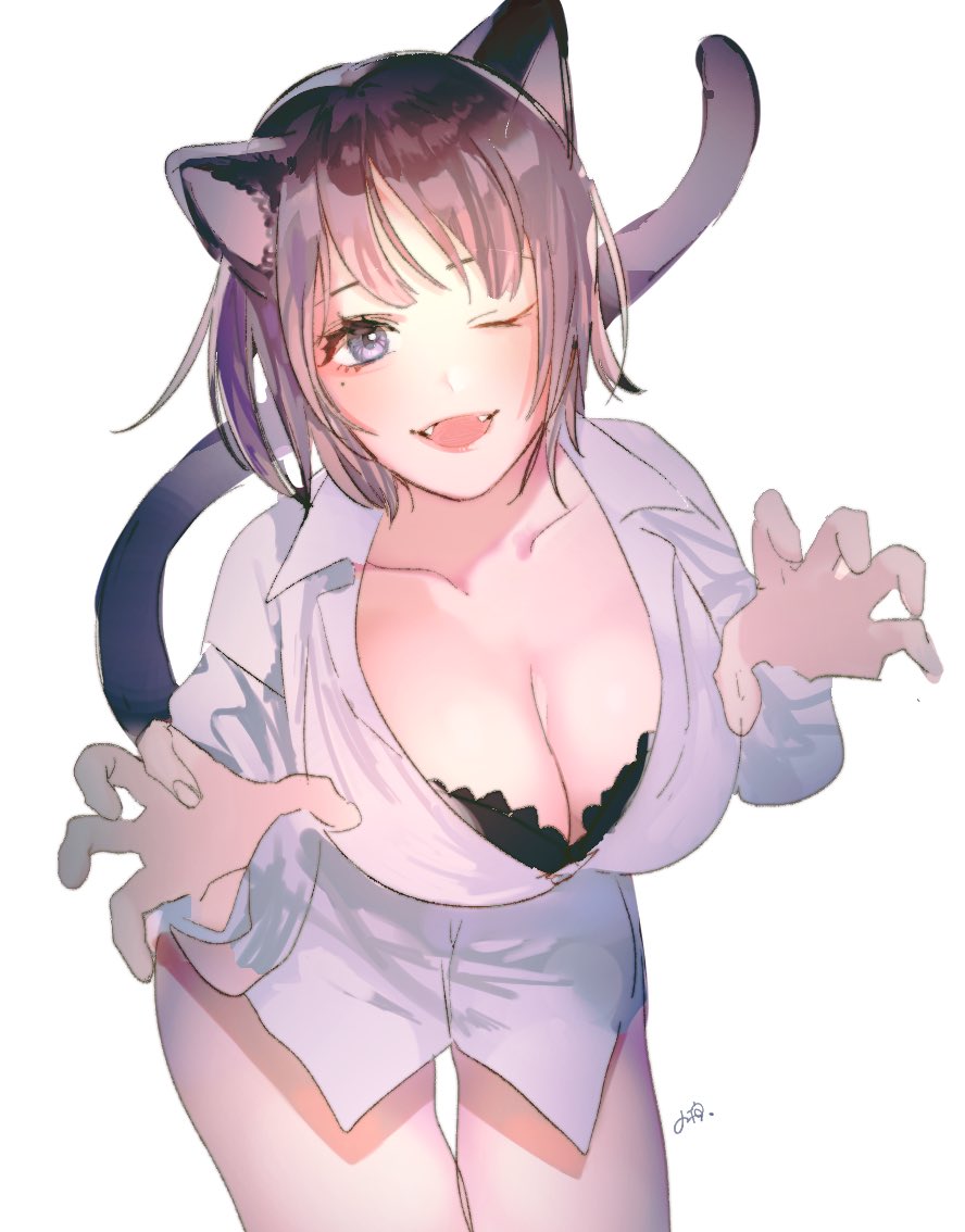 1girl animal_ears bare_legs black_hair bra breasts cat_ears cat_girl cat_tail cleavage collarbone eyebrows_hidden_by_hair gao large_breasts looking_at_viewer one_eye_closed open_clothes open_mouth original ryousuke_(tukr5384) shirt short_hair simple_background smile solo tail underwear white_background