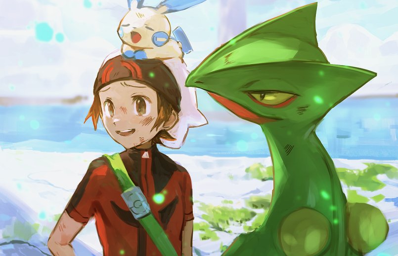 1boy beanie brendan_(pokemon) brown_eyes brown_hair day gen_3_pokemon hat male_focus maumaujanken minun nintendo on_head open_mouth outdoors pokemon pokemon_(creature) pokemon_on_head pokemon_oras raised_eyebrows red_shirt sceptile scrape shirt short_hair short_sleeves strap teeth upper_teeth_only white_headwear zipper_pull_tab