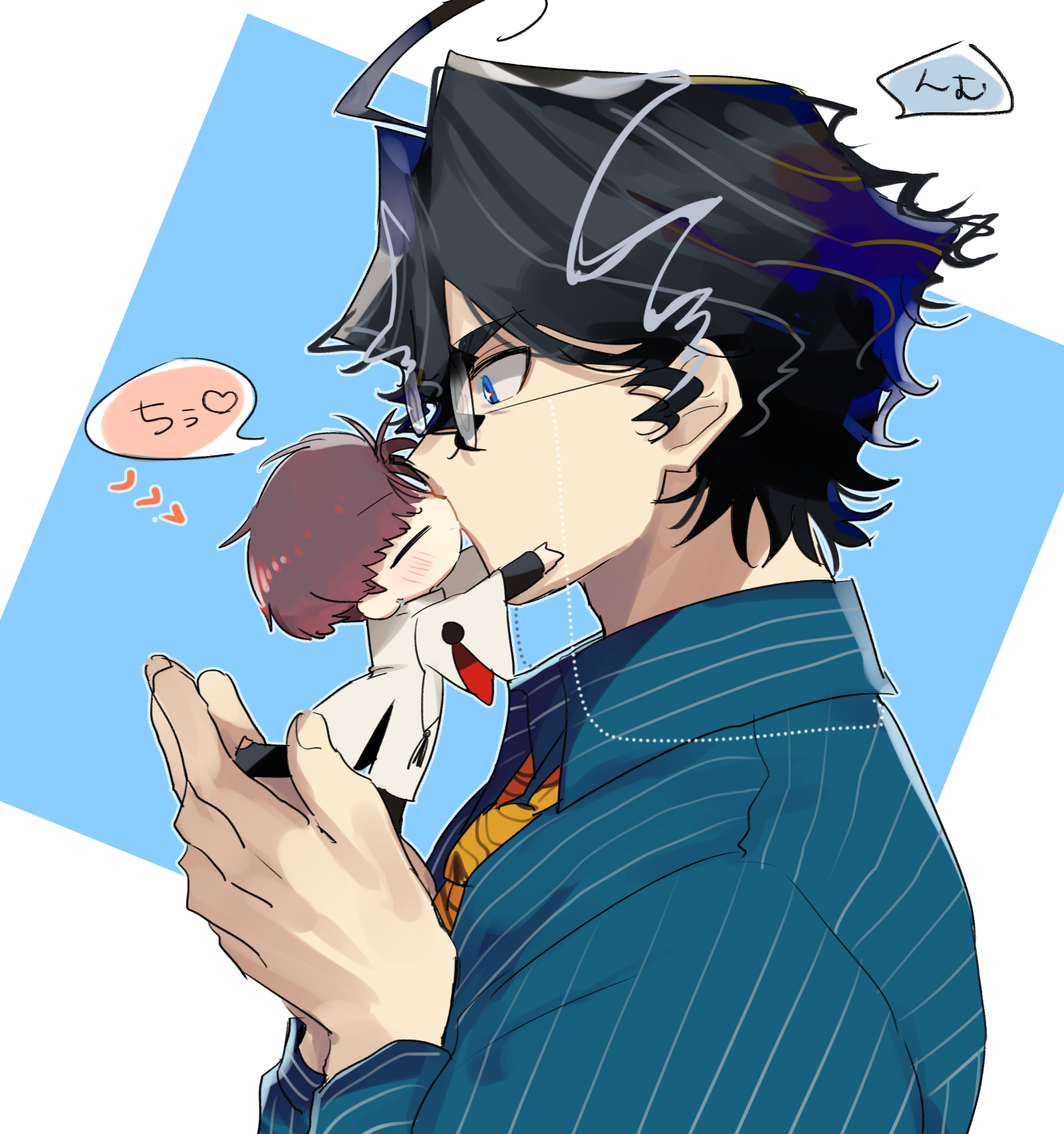 2boys ahoge black_hair black_pants black_shirt blue_background blue_eyes blue_shirt blush closed_eyes coat collared_shirt commentary_request eyewear_strap fate/grand_order fate_(series) glasses grey_hair hair_between_eyes hands_up heart highres kiss long_sleeves looking_at_another male_focus mini_person miniboy multicolored_hair multiple_boys necktie pants print_necktie profile red_hair round_eyewear shirt short_hair simple_background speech_bubble streaked_hair striped_clothes striped_shirt takasugi_shinsaku_(fate) takasugi_shinsaku_(first_ascension)_(fate) two-tone_background upper_body vertical-striped_clothes vertical-striped_shirt white_background white_coat wide_sleeves wing_collar yaoi yellow_necktie yoshida_shouin_(fate) yuu_(areruya)