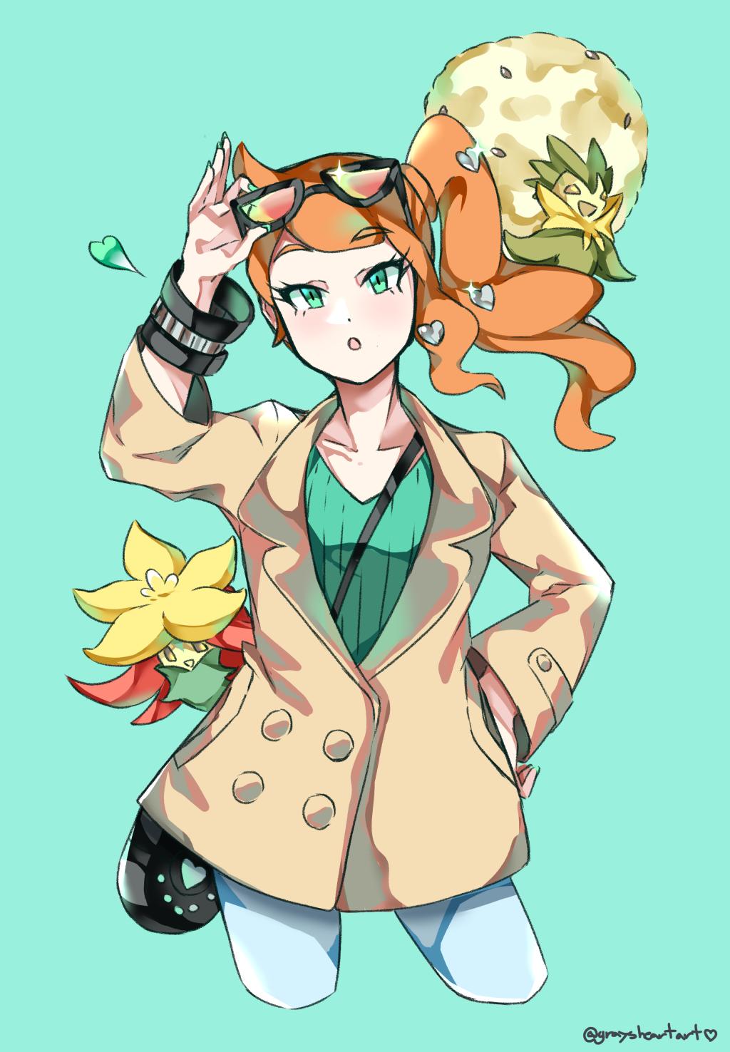 1girl aqua_background aqua_eyes aqua_nails aqua_shirt artist_name bag brown_coat brown_jacket coat collarbone cropped_legs eldegoss eyewear_on_head gen_8_pokemon gossifleur graysheartart hair_ornament handbag heart heart_hair_ornament highres jacket nintendo orange-tinted_eyewear orange_hair plant pokemon pokemon_(creature) pokemon_swsh ribbed_shirt shirt side_ponytail solo sonia_(pokemon) sunglasses swept_bangs tinted_eyewear twitter_username v-neck